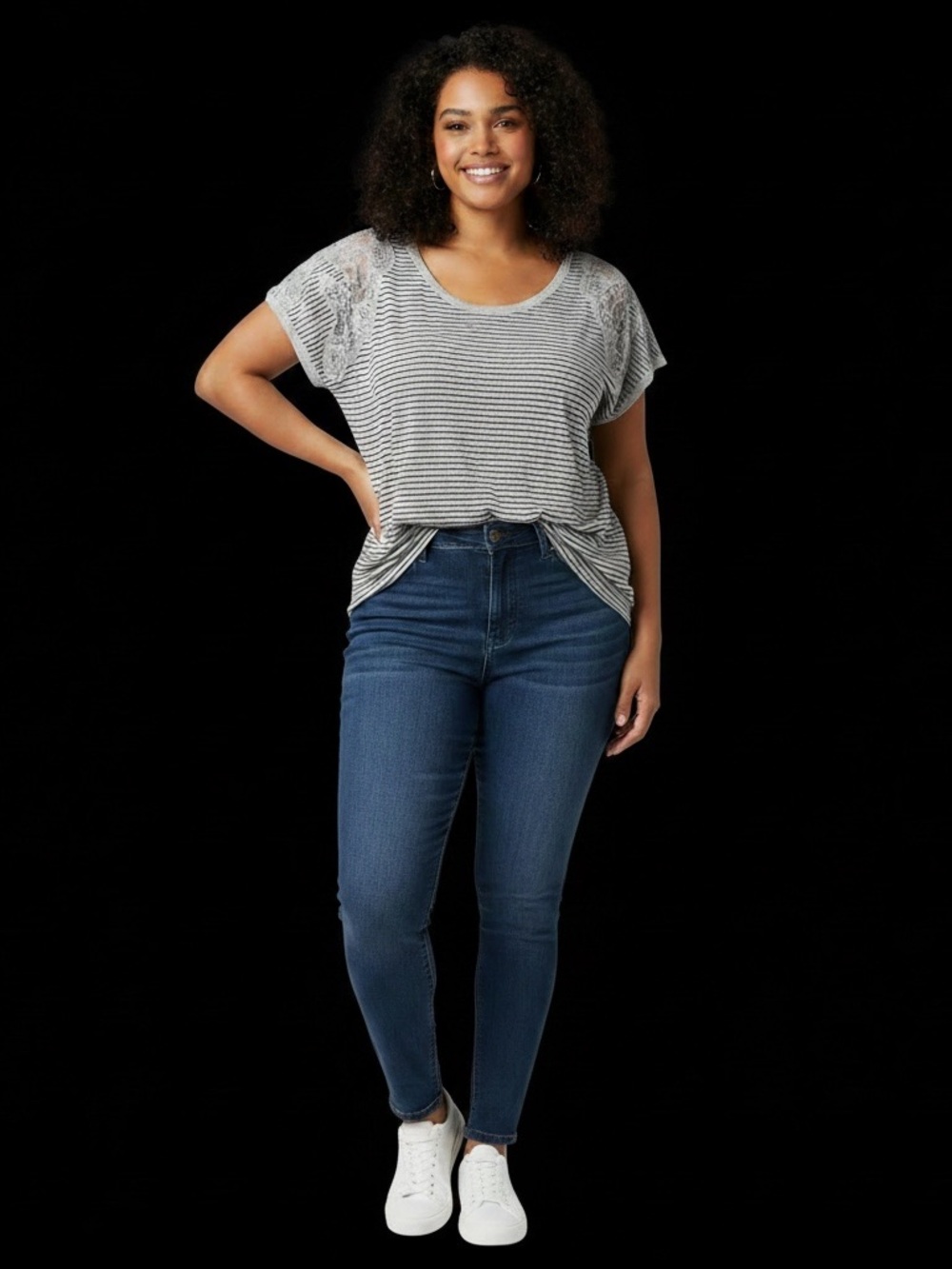 LYS Women's Gray Striped Tee with Lace Shoulders